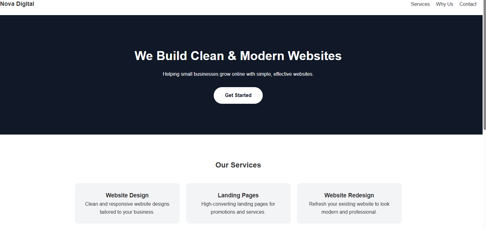 Screenshot of the business landing page project
